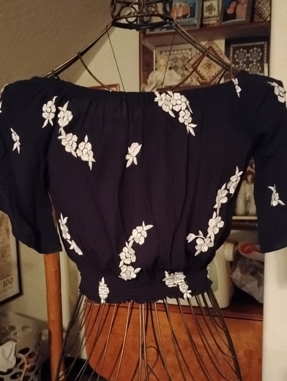 Love Tree Navy Off-Shoulder Blouse with White Floral Embroidery